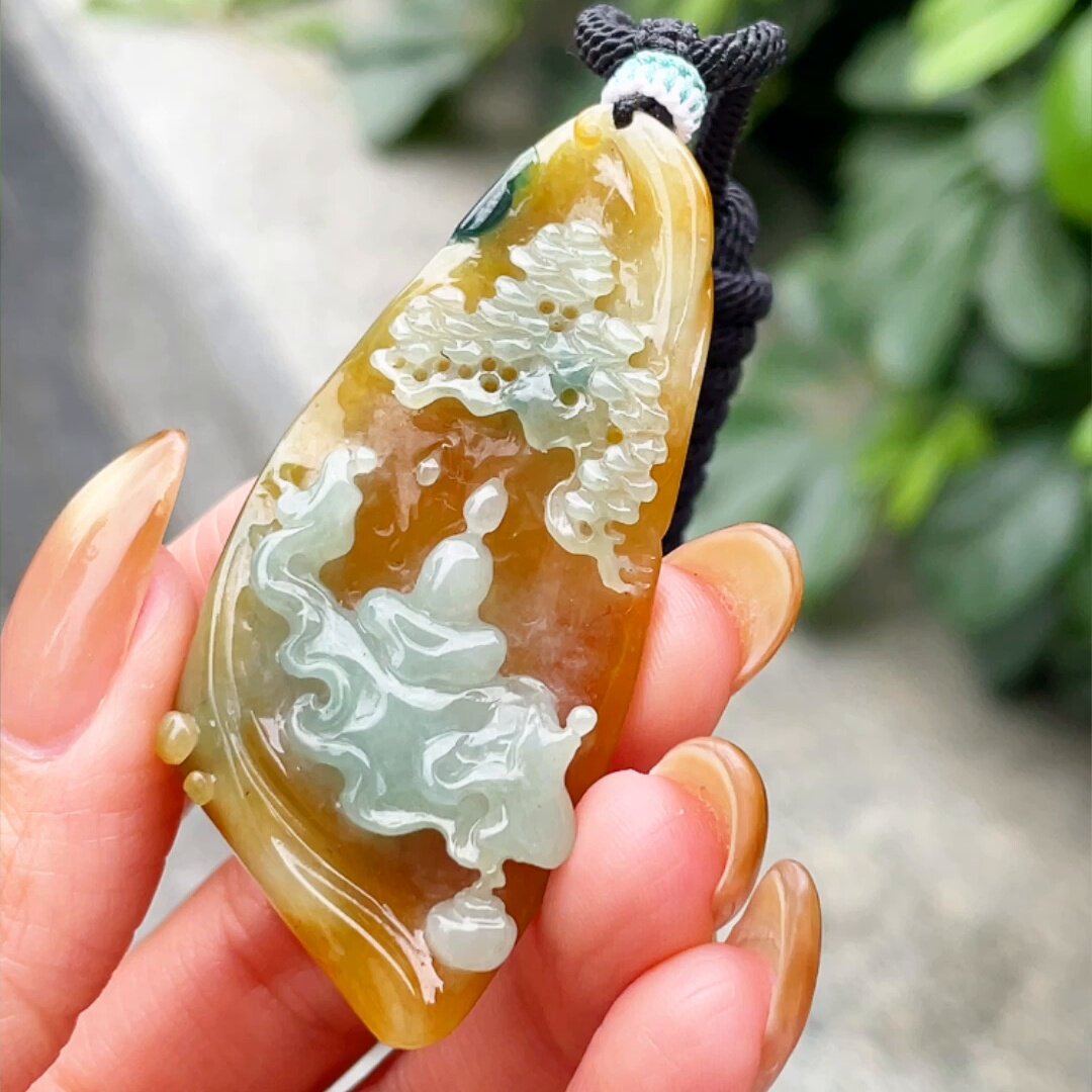 缅甸翡翠玉吊坠天然玉石A货冰种黄翡飘花高档礼物正品老坑0530