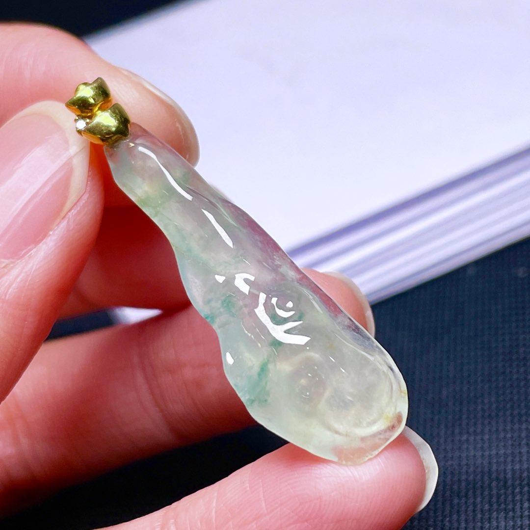 缅甸翡翠随形镶金玉吊坠天然玉石A货18K金镶嵌冰种飘花证书1021