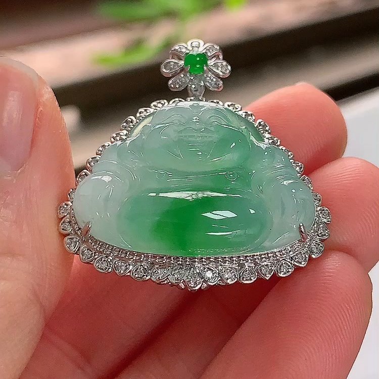 缅甸翡翠佛公镶金玉吊坠天然玉石A货18K金镶嵌冰种阳绿收藏1231