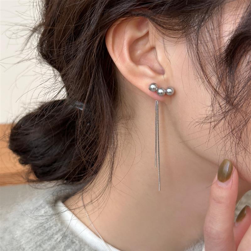 长款流苏灰珍珠耳环2025新款爆款高级感耳线耳钉女纯银针气质耳饰