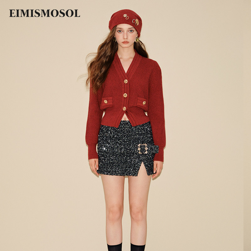 EIMISMOSOL毛衣修身25秋季女上衣针织开衫V领金扣泡泡袖短款