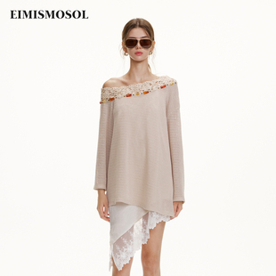 Eimismosol2026秋季新款复古镂空钩花斜肩慵懒女中长宽松针织罩衫