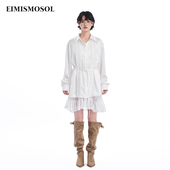 新款 白色衬衫 女长款 Eimismosol夏季 长袖 蕾丝拼接醋酸宽松上衣