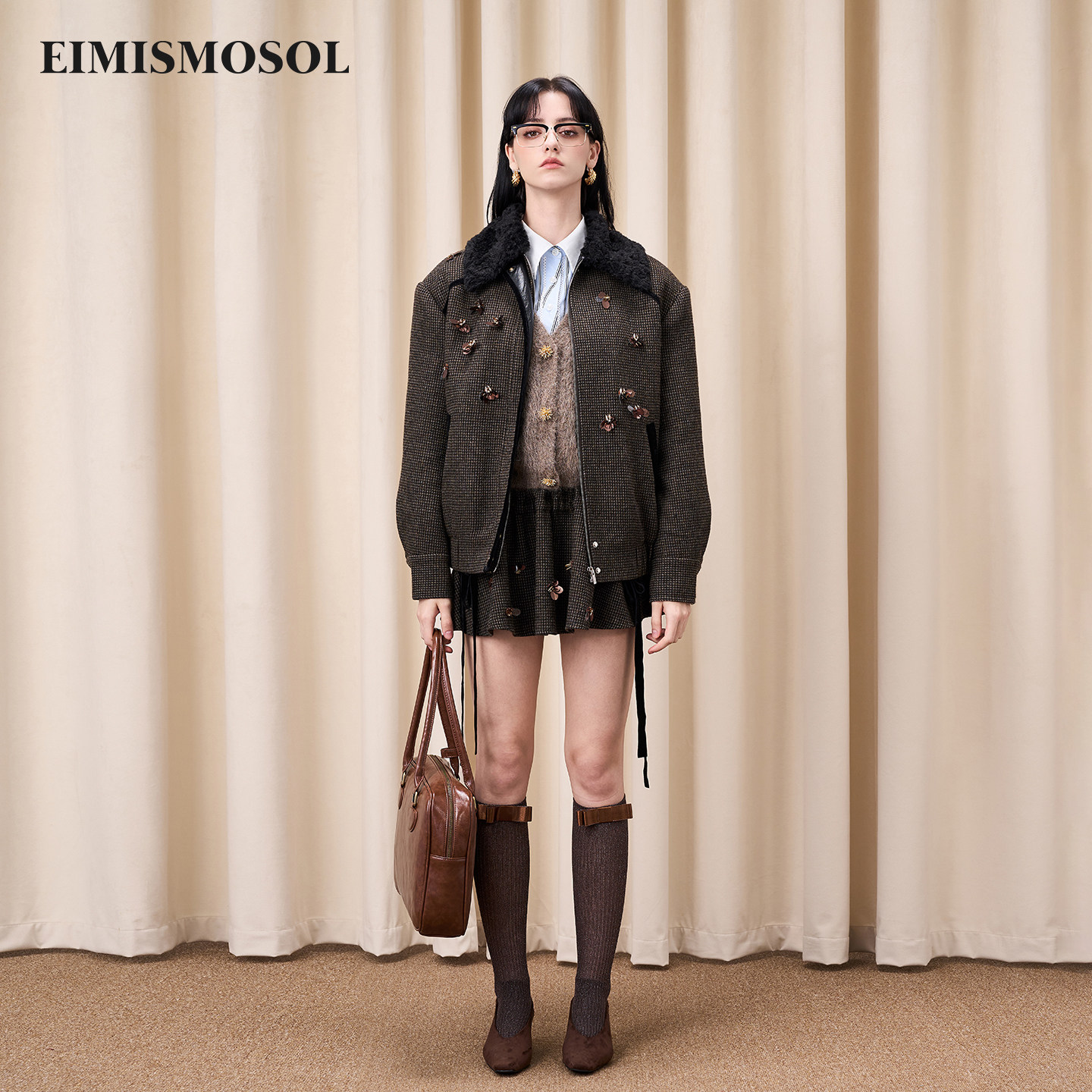 Eimismosol2025秋冬新品千鸟格毛领夹棉外套亮片飘带短裙时尚套装