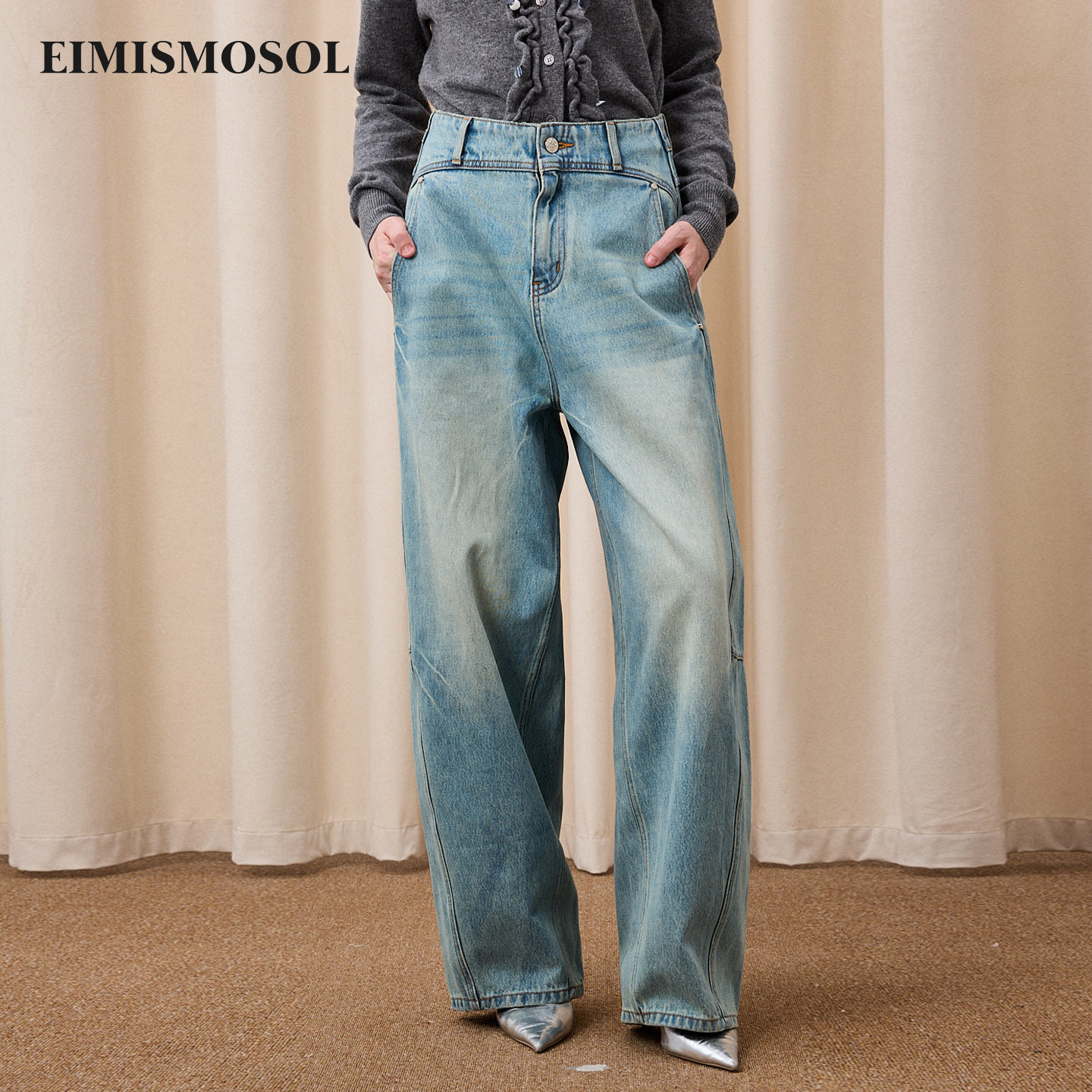 Eimismosol秋冬新品复古水洗做旧字母烫钻弯刀裤女宽松牛仔裤,女装/女士精品,牛仔裤,淘宝优惠券,粉丝福利购,淘宝优惠卷