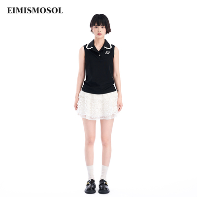 Eimismosol2025夏季新款时尚套装女polo领针织背心白色短款蛋糕裙