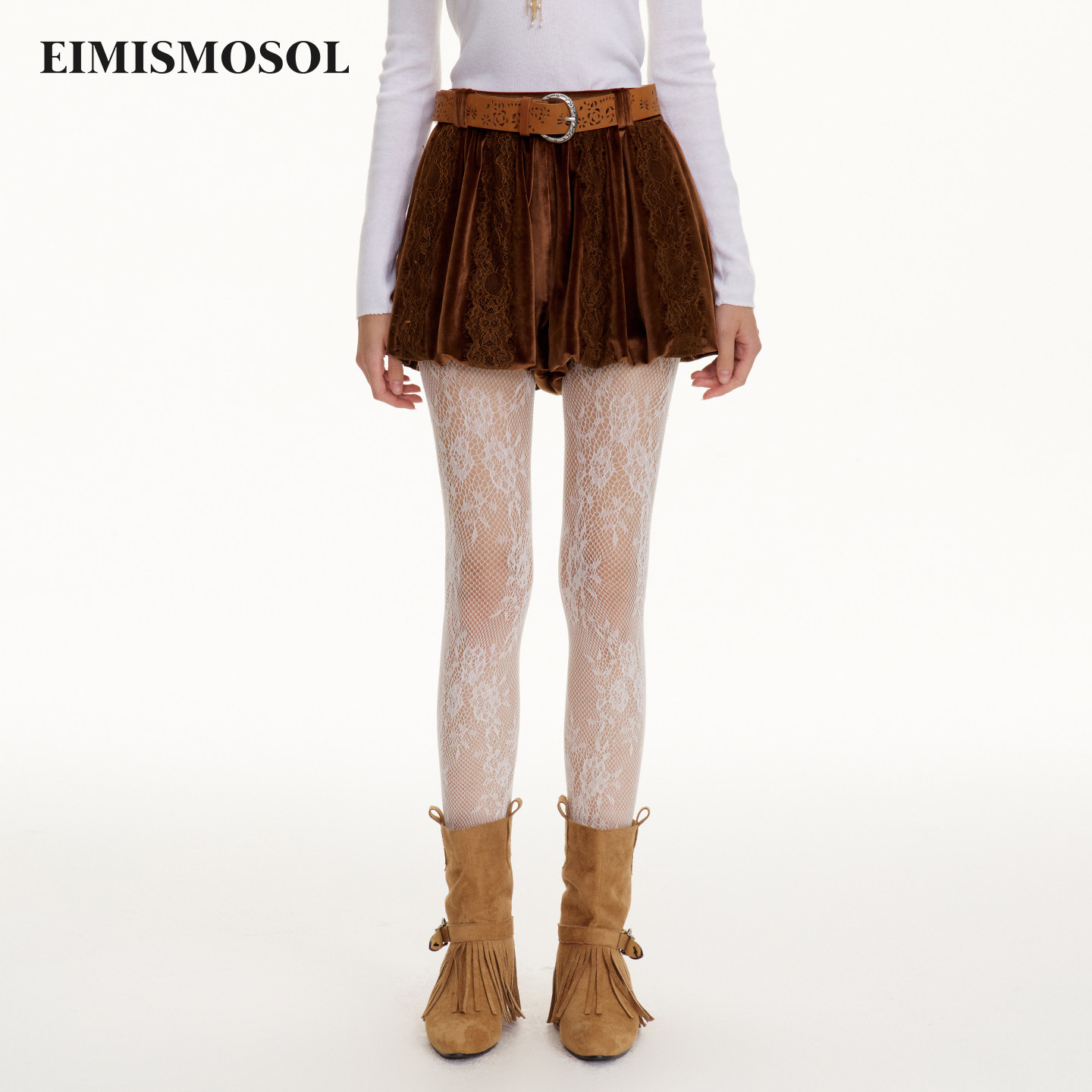 Eimismosol2026秋新款美拉德风蕾丝拼接丝绒腰带女短显瘦花苞裙裤图片