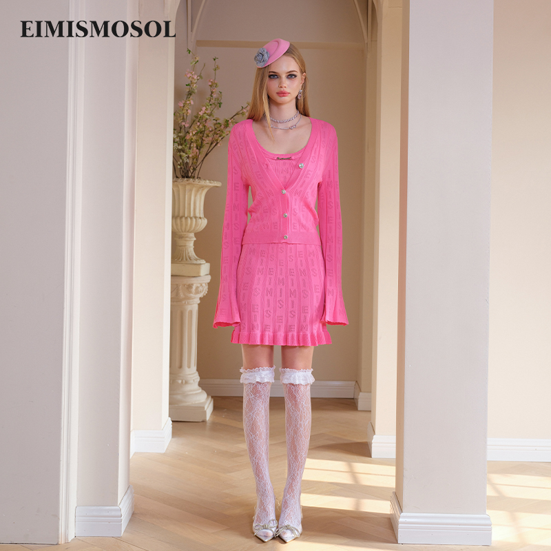Eimismosol2025秋季新款LOGO针织喇叭袖开衫女修身吊带背心半裙
