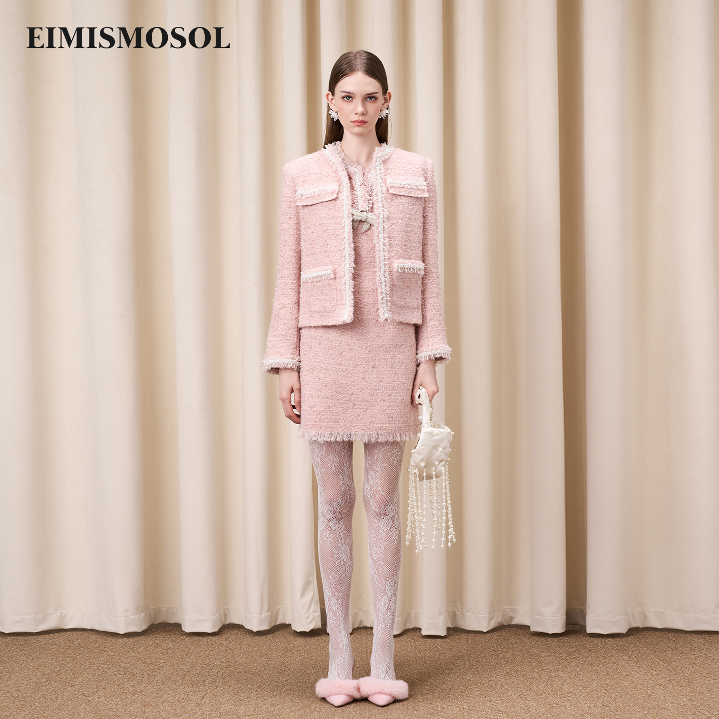 Eimismosol2025秋冬新品小香风粗花呢外套无袖修身连衣裙时尚套装