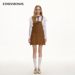 Eimismosol2026秋季新款咖色镂空绣花A字女短修身工装牛仔背带裙
