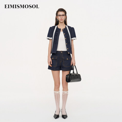 Eimismosol2026夏季新款牛仔圆领短袖花边小衫贴袋A字工装短裤女