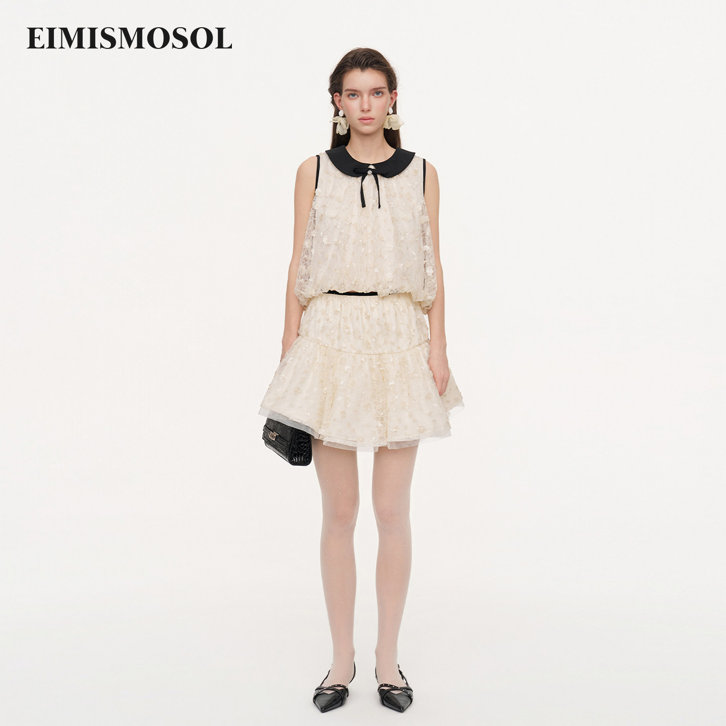 Eimismosol2026夏季新款双层领亮片蕾丝撞色无袖小衫女轻薄短伞裙