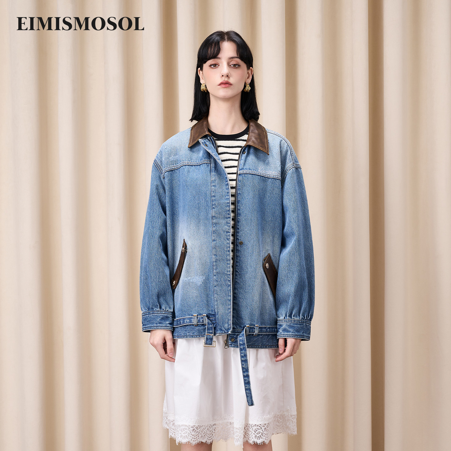 Eimismosol2026秋冬新款蓝色水洗拼皮腰带女中长宽松休闲牛仔外套