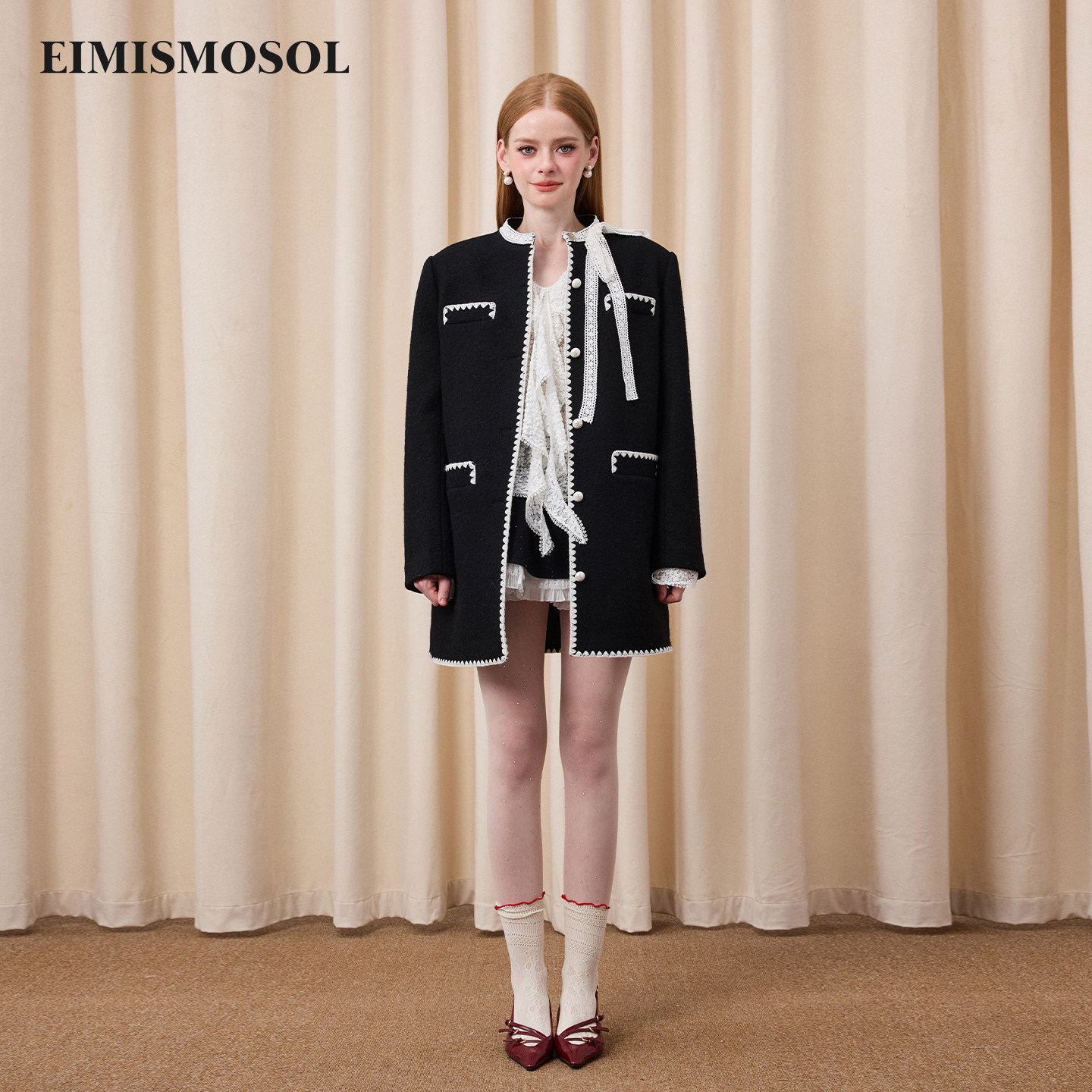 Eimismosol2026新款小香风毛呢外套女中长撞色花边宽松保暖,女装/女士精品,时尚套装,淘宝优惠券,粉丝福利购,淘宝优惠卷