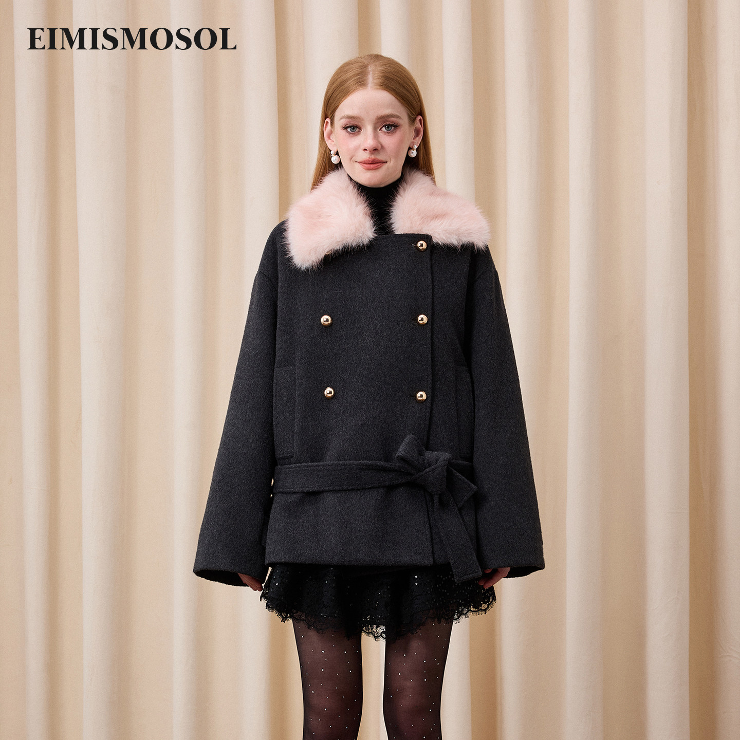 Eimismosol秋冬新品大毛领双面呢大衣女中长款棉服保暖外套