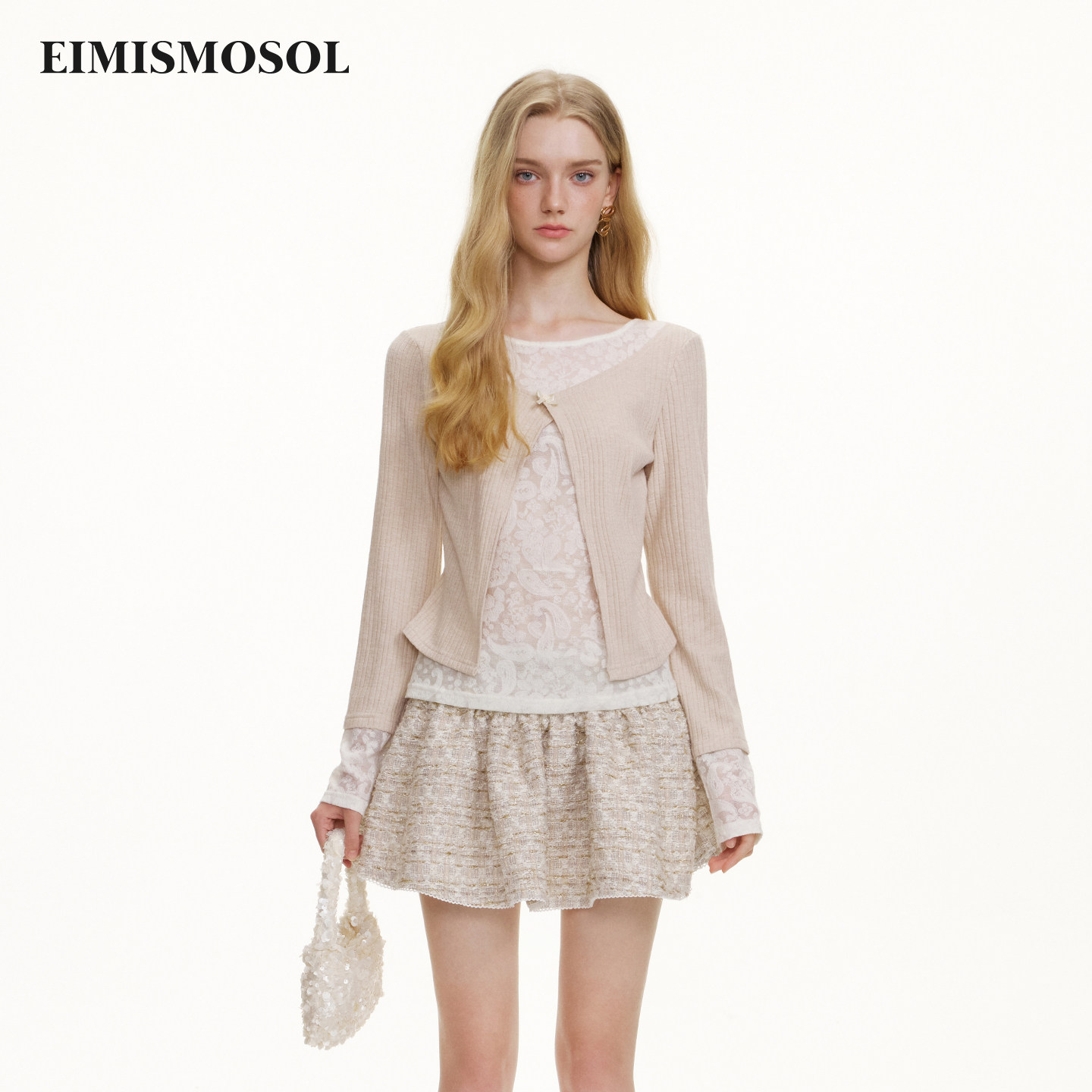 Eimismosol2026秋新款撞色拼接蕾丝假两件女短修身长袖打底针织衫