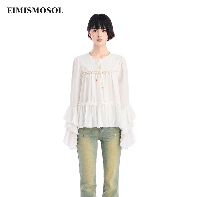 Eimismosol2025夏季新款雪纺衫女抽皱小衫宽松荷叶边圆领上衣