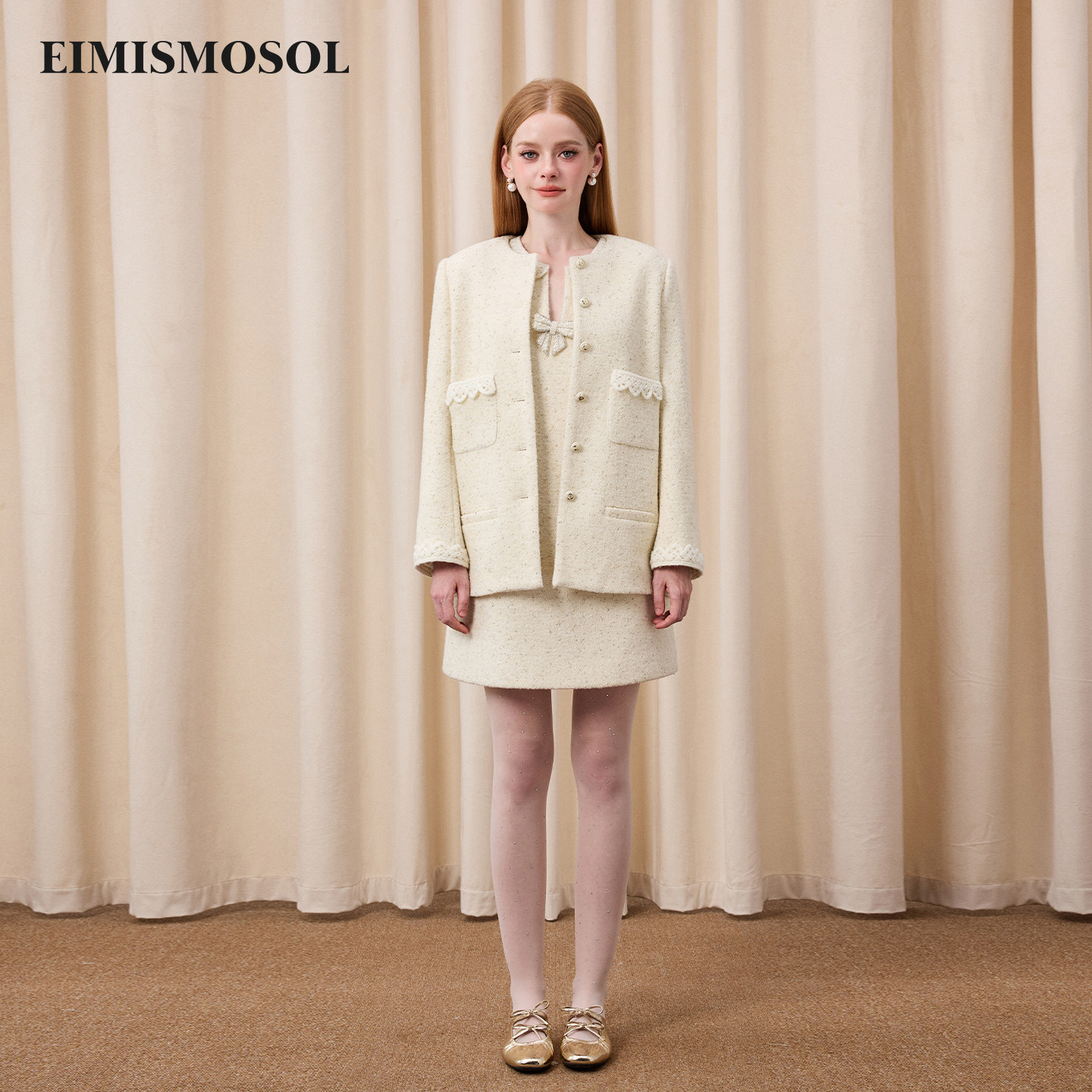 Eimismosol2025冬新款毛线花边小香风毛呢外套女连衣裙两件套套装