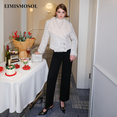 EIMISMOSOL毛领斜门襟宽松夹棉外套女秋冬新款时尚保暖独特优雅