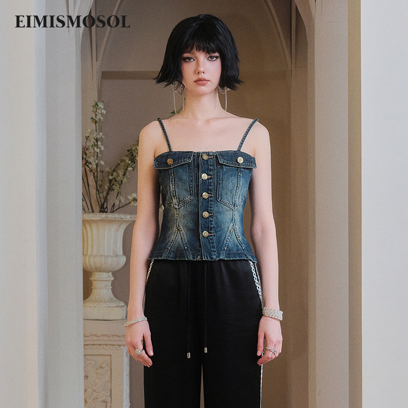 EIMISMOSOL口袋铆钉牛仔吊带夏季甜酷设计感时尚精致感女