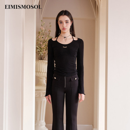 Eimismosol2025秋季新款黑色亮丝挂脖喇叭袖打底衫长袖女修身T恤