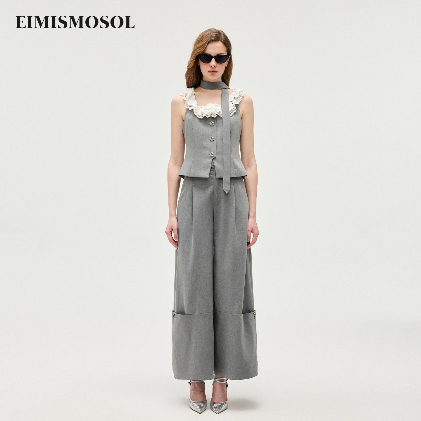 Eimismosol2026春夏新款蕾丝拼接收腰马甲直筒西装长裤女时尚套装