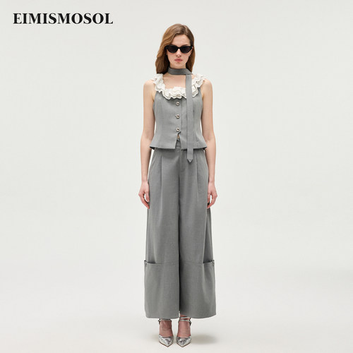 Eimismosol2026秋季新款蕾丝拼接收腰马甲直筒西装长裤女时尚套装