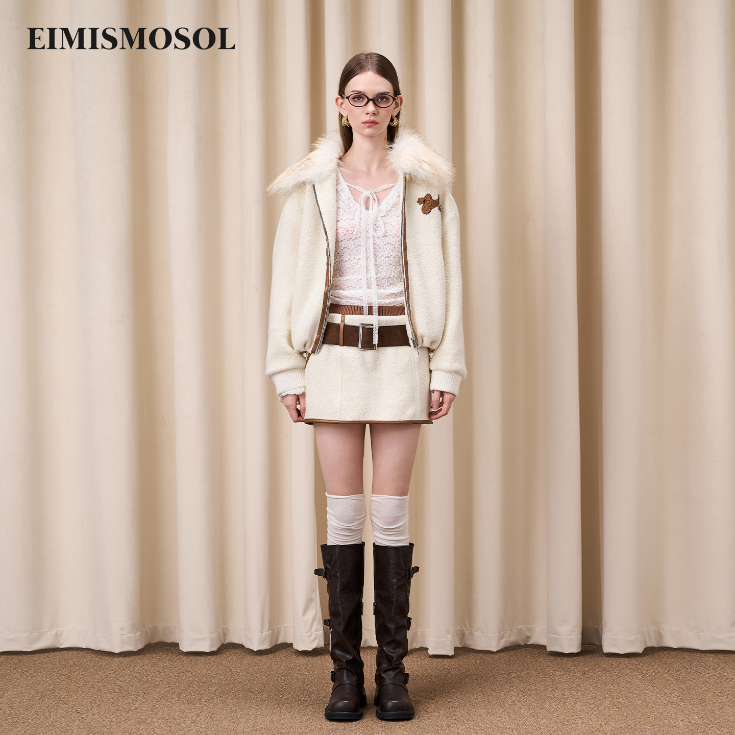 Eimismosol2025秋冬新品撞色短款毛领拼接外套腰带半裙女时尚套装