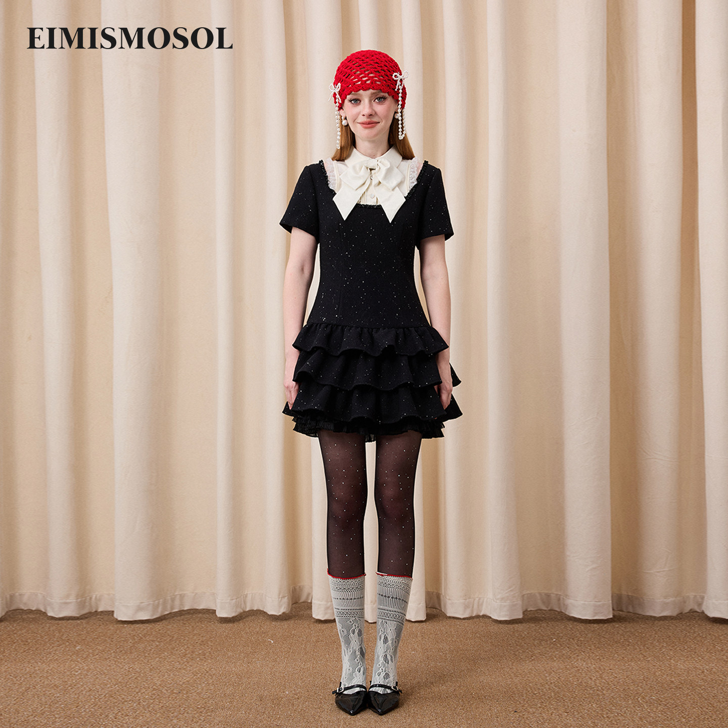 Eimismosol2026新款短袖毛呢撞色连衣裙女法式中长荷叶边拼接