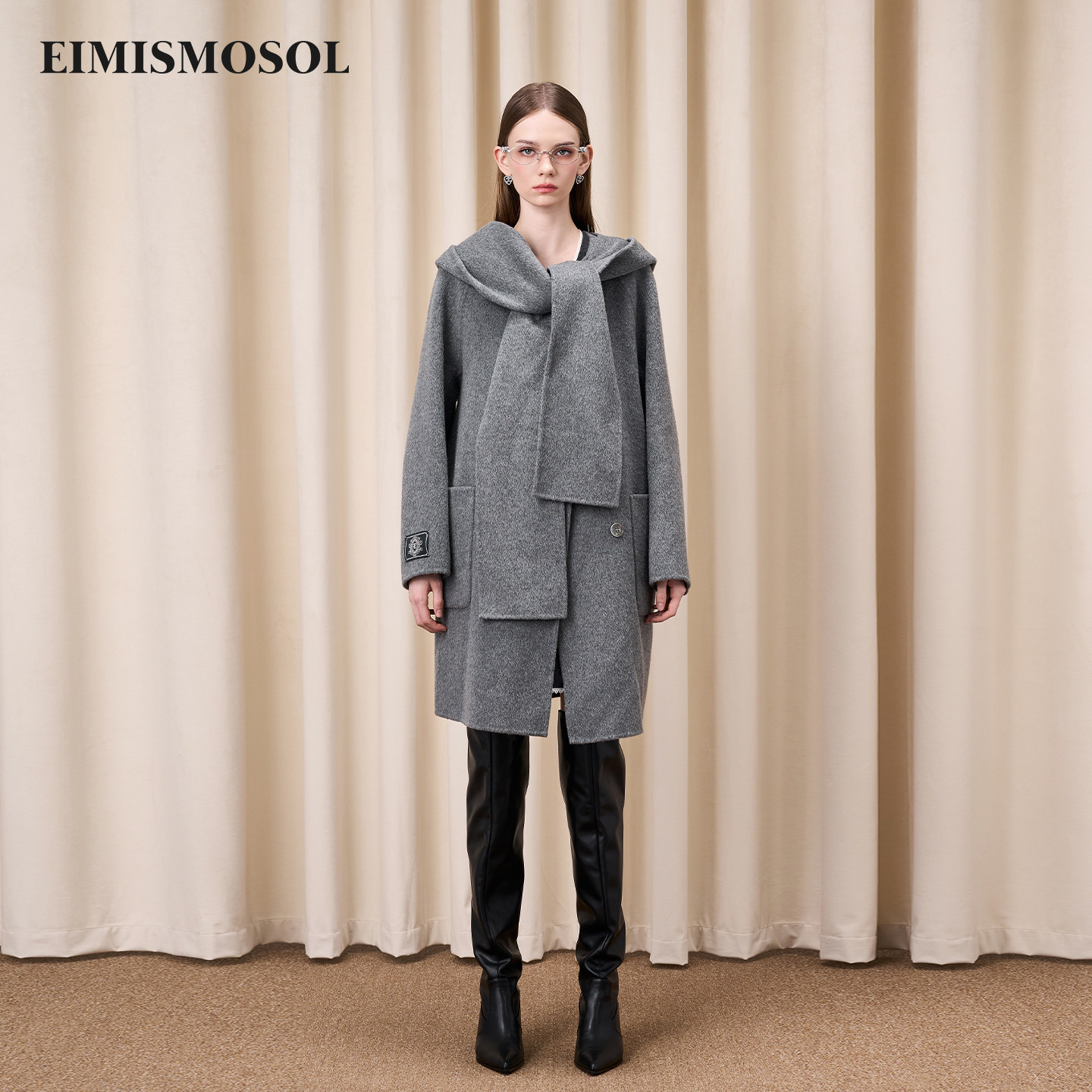 Eimismosol秋冬新品双面绵羊毛围巾大衣女中长款宽松呢子外套