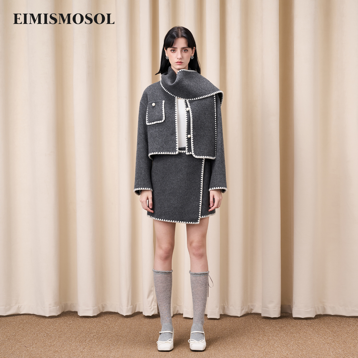 Eimismosol 2025秋冬新品撞色贝壳绣短毛呢料外套A字裙女羊毛套装