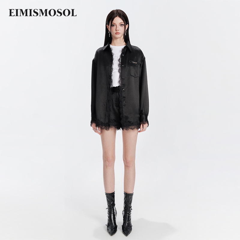 EIMISMOSOL蕾丝拼接醋酸衬衫短款套装秋季柔软舒适顺滑百搭