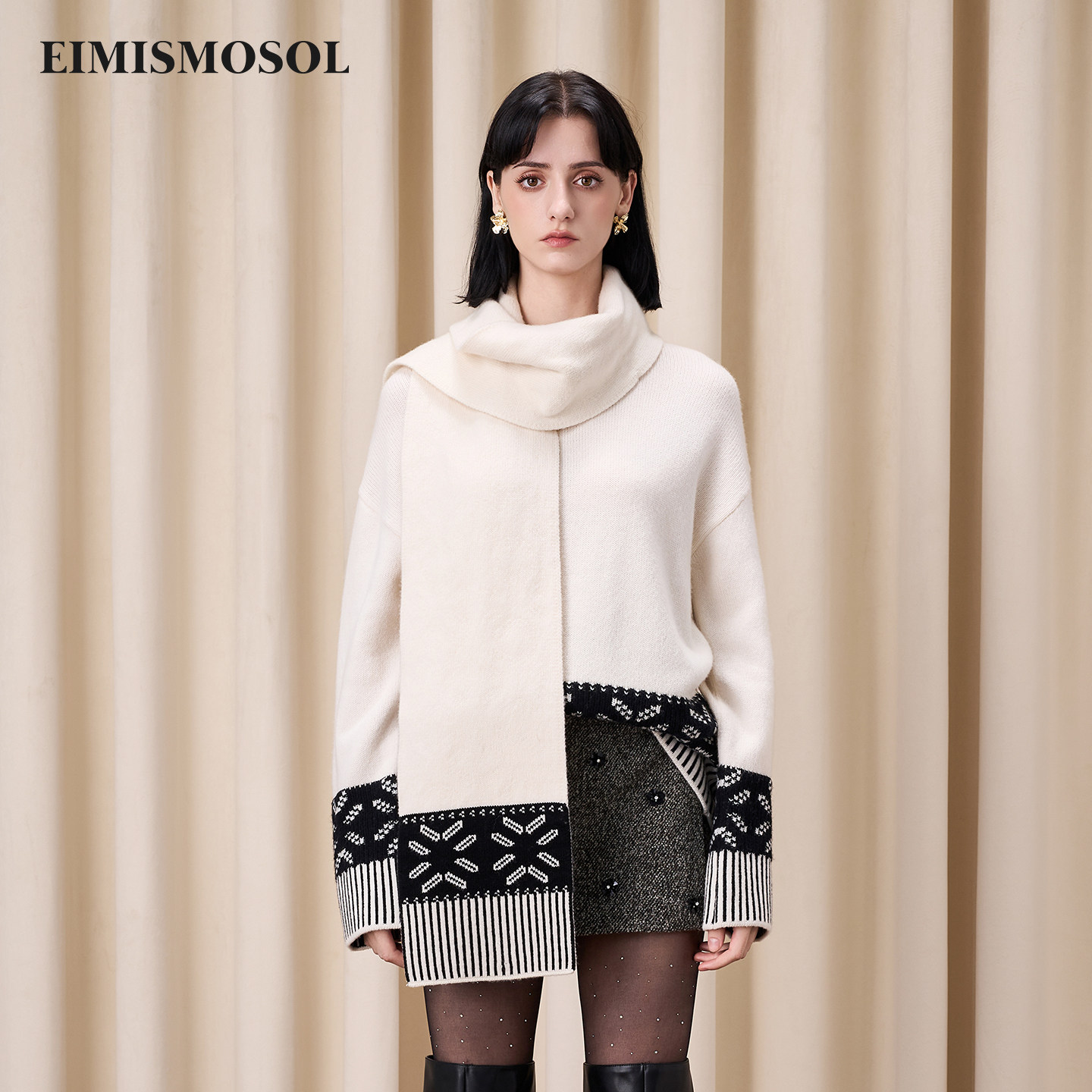 Eimismosl秋冬新款围巾圆领费尔岛宽松毛针织衫女绵羊毛毛衣
