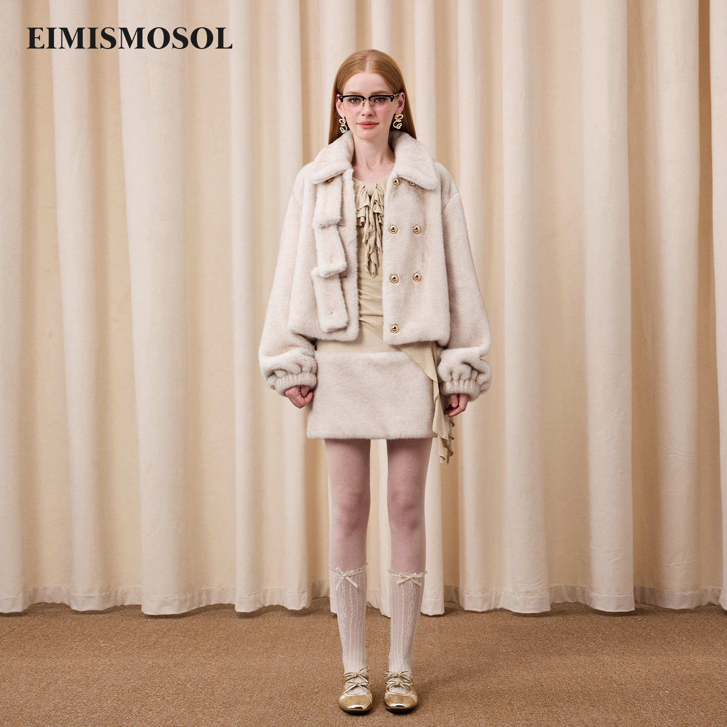 Eimismosol秋冬新款翻领环保皮草短外套半裙女毛绒感时尚套装