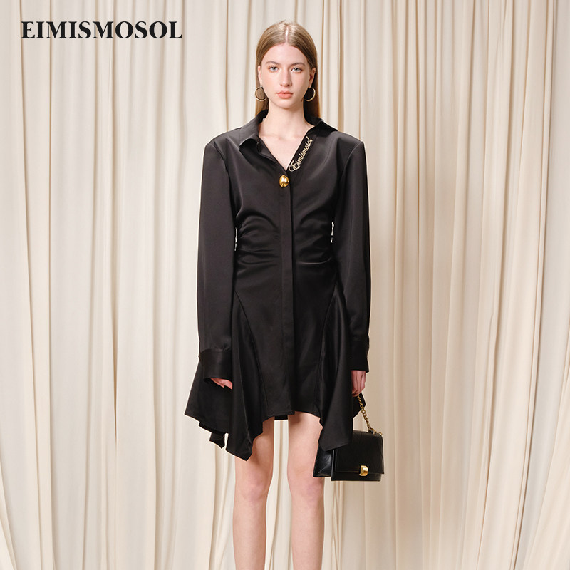 Eimismosol【代斯同款】秋新款显瘦收腰缎面长袖衬衫连衣裙