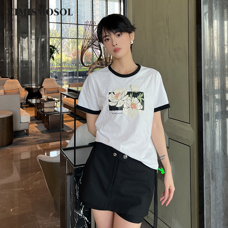 Eimismosol2025夏季新款短袖T恤女撞色边印花钉珠百搭休闲上衣