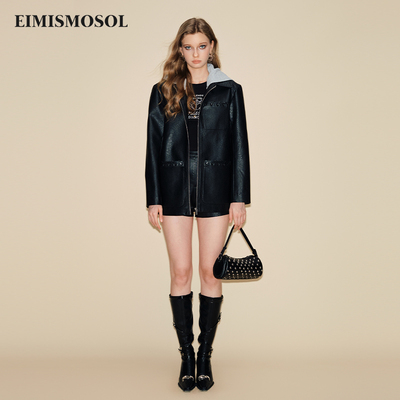 【张予曦同款】Eimismosol秋冬新品假两件绑带皮衣夹克女外套