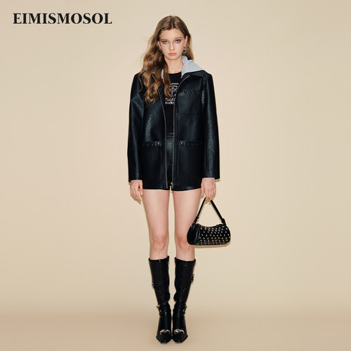【张予曦同款】Eimismosol2025秋冬新品假两件绑带皮衣夹克女外套