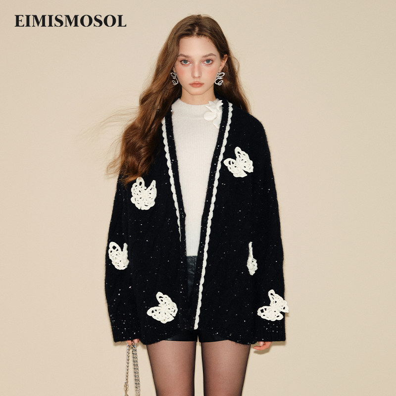 EIMISMOSOL蝴蝶钩针珠片开衫毛衣秋冬新款甜酷可爱俏皮感设计女,女装/女士精品,毛针织衫,淘宝优惠券,粉丝福利购,淘宝优惠卷