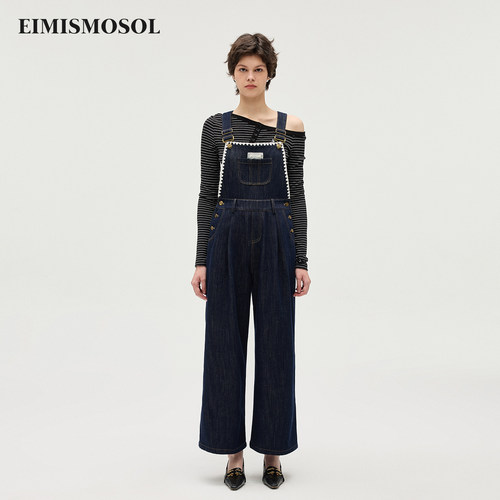 Eimismosol2026秋季新款复古撞色边宽松显瘦减龄阔腿牛仔背带裤