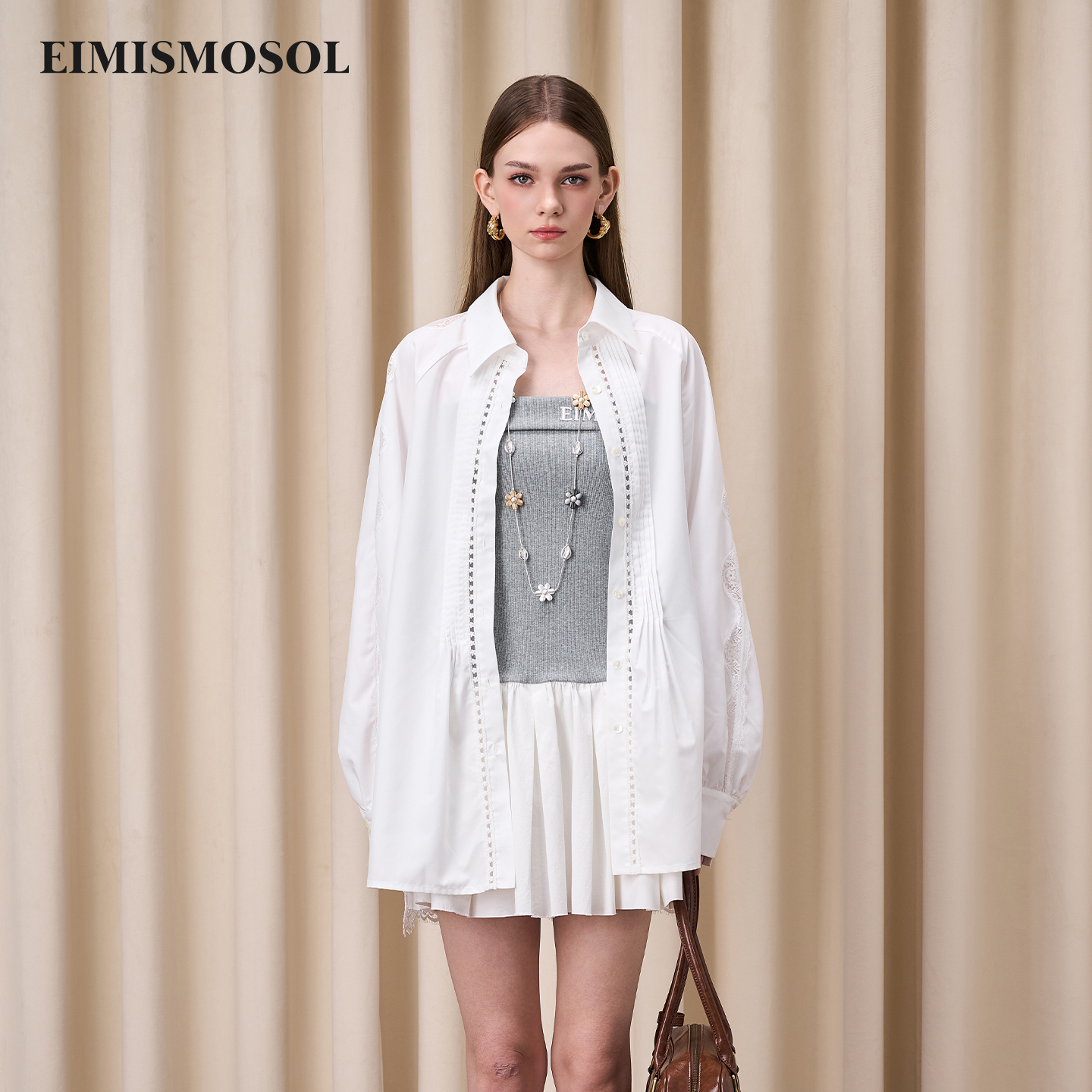 Eimismosol2025秋季新品蕾丝花边拼接大廓形衬衫女宫廷风气质衬衣