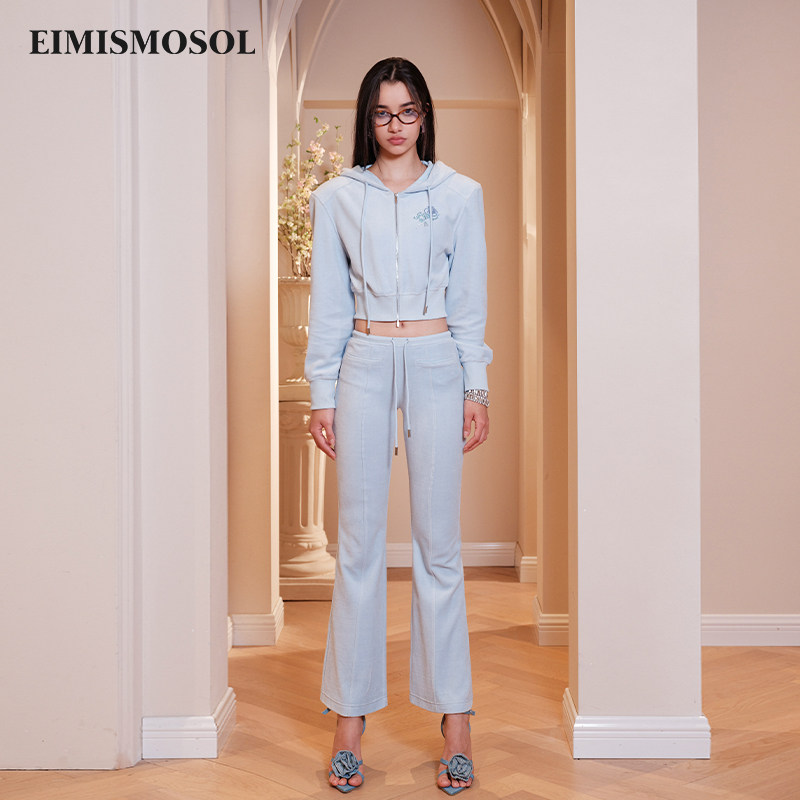 Eimismosol秋季新款女短款毛巾布烫钻连帽运动卫衣喇叭卫裤