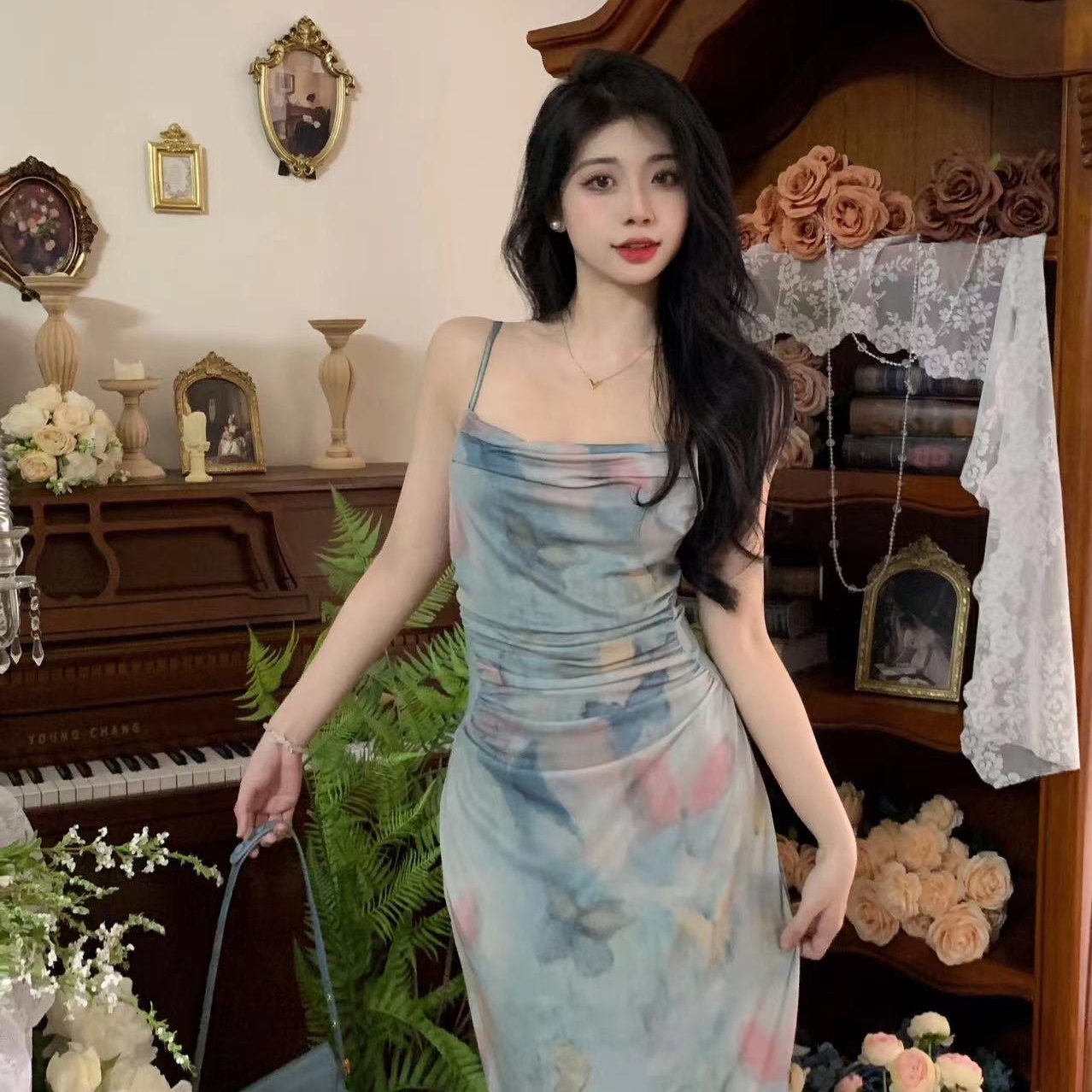 现货蝴蝶网纱中式美学复古吊带裙海边度假风大码显瘦收腰连衣裙