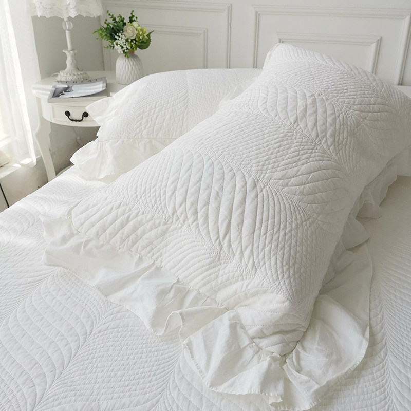 【一对装】全棉纯棉韩式荷叶边枕套夹棉绗缝白色枕皮内径48*74cm