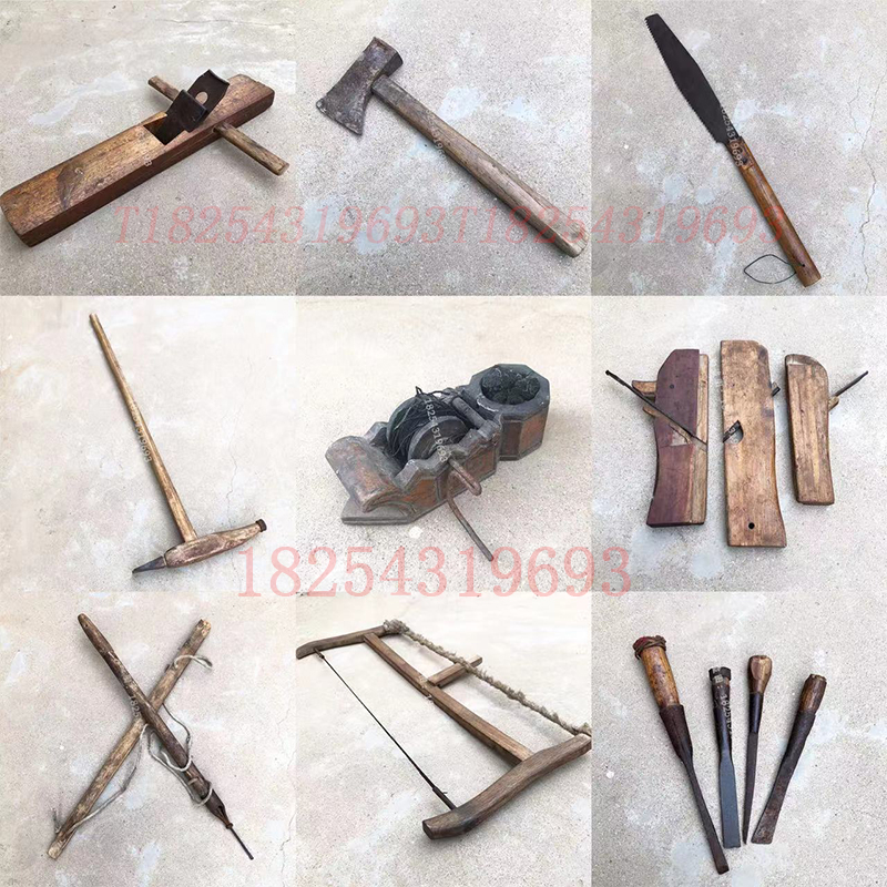 民俗怀旧老物件鲁班木匠工具传统旧木锯木钻老墨斗80年代摆件复古