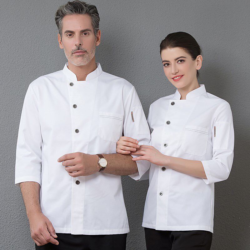 厨师工作服短袖薄款厨师服装男厨房餐饮烘焙西餐厨师服七分袖黑色