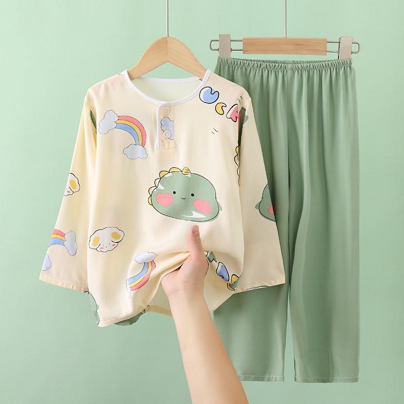 夏季儿童绵绸睡衣男童男孩薄款家居服女童女孩小宝宝棉绸外穿套装