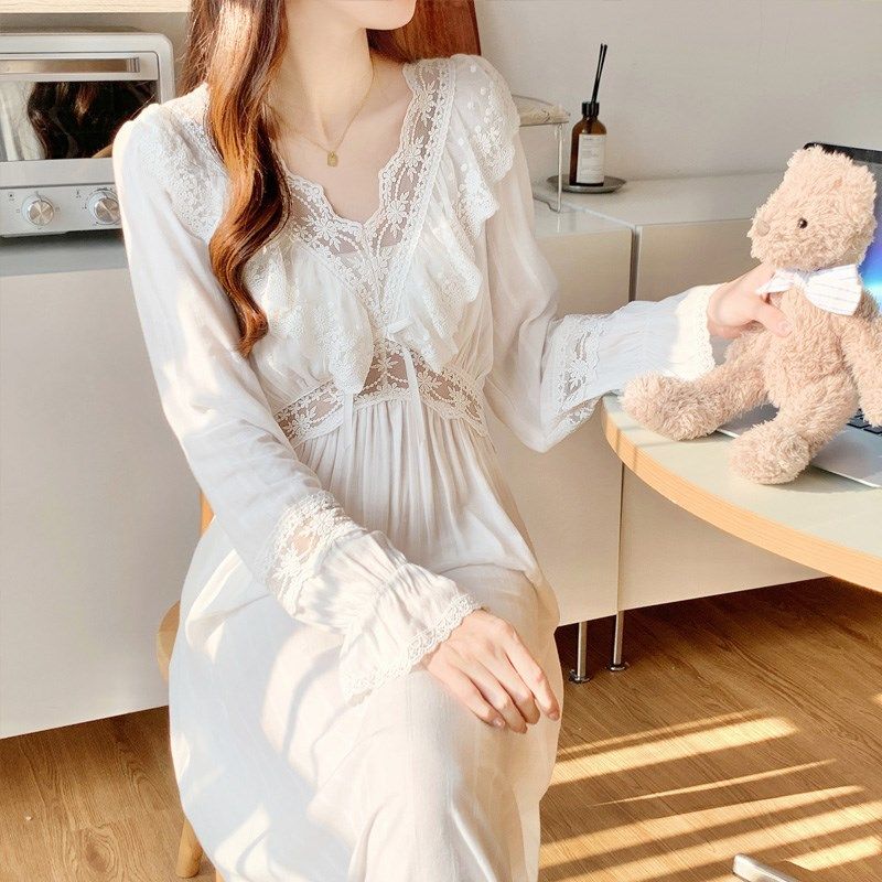 纯棉睡裙女春夏季薄v领全棉白色甜美睡衣宫廷风公主风蕾丝家居服