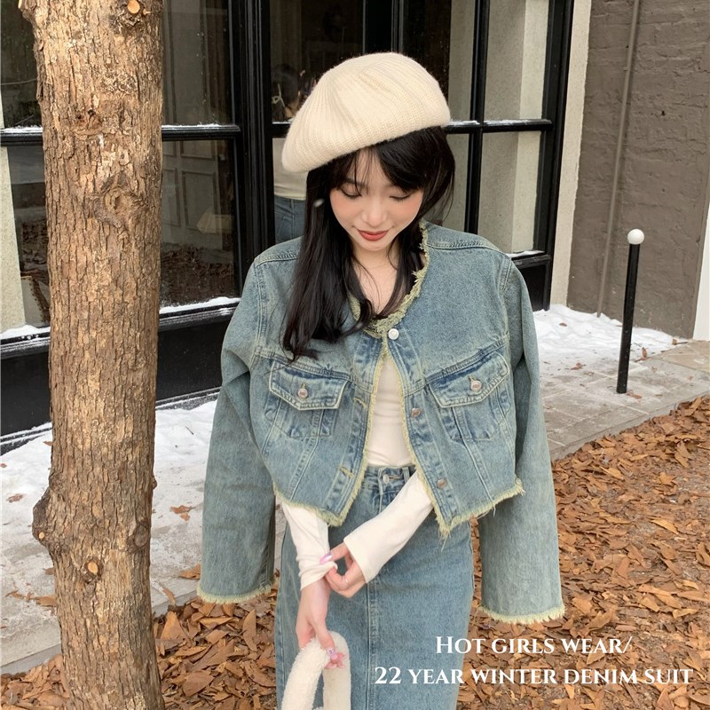 春秋冬冷淡系高级感轻熟风小个子穿搭港味复古牛仔半身裙套装女