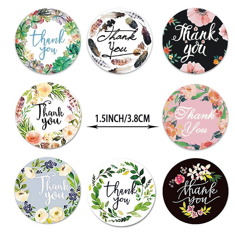 500贴/卷圆形不干胶标签 花卉装饰谢谢您贴纸卷装封口贴thank you